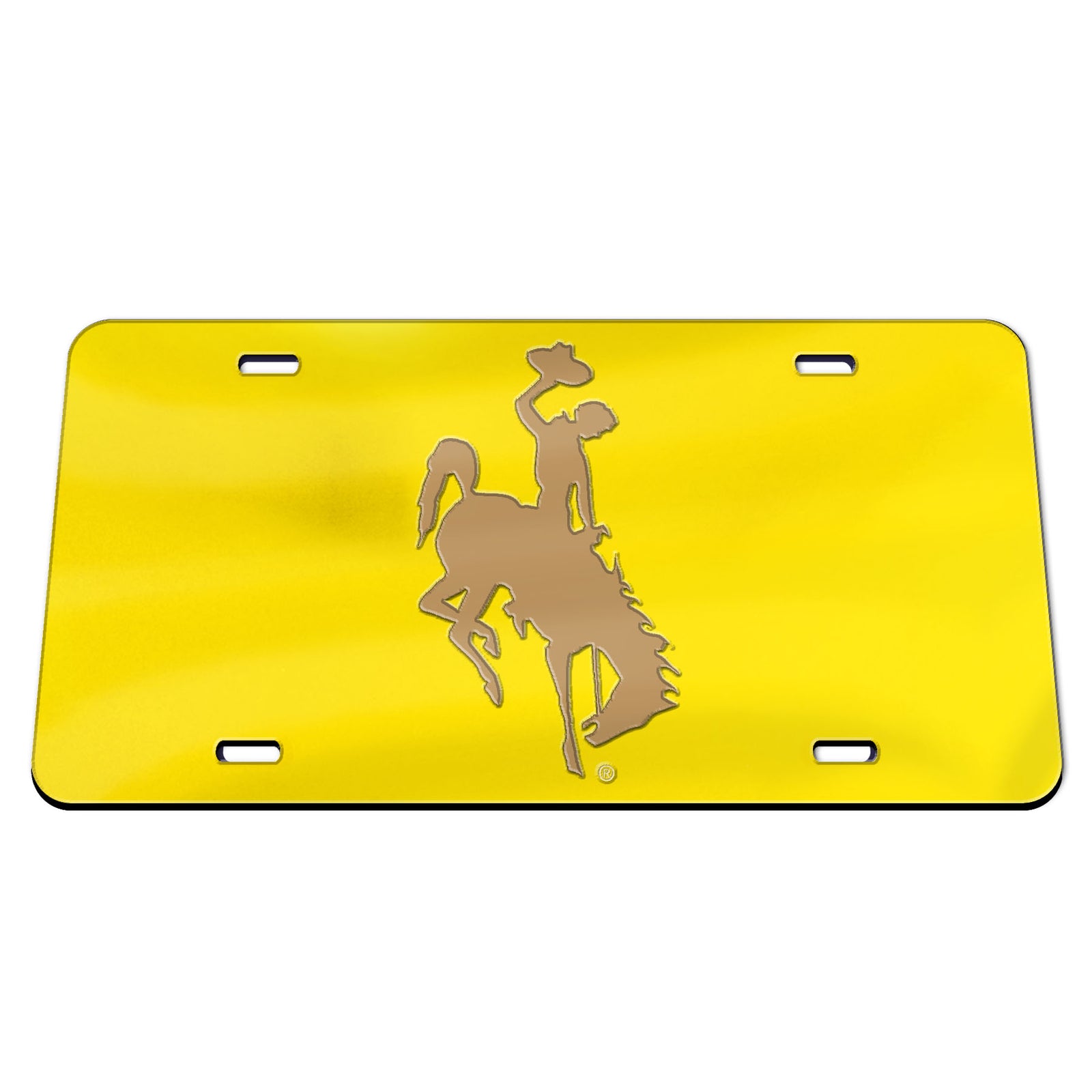 acrylic gold mirrored license plate cover with brown mirrored bucking horse in the center