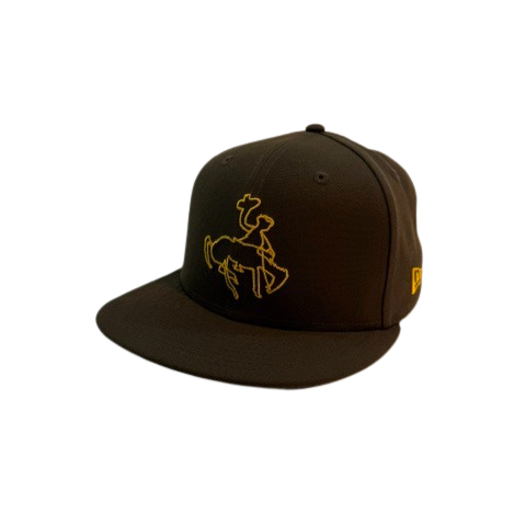 brown fitted hat with a josh allen drawn bucking horse outlined in gold on front panel