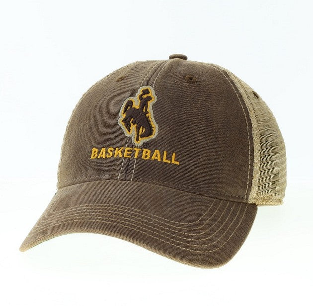 adjustable hat with brown body and tan mesh back. Brown bucking horse on front center with word basketball below in gold font