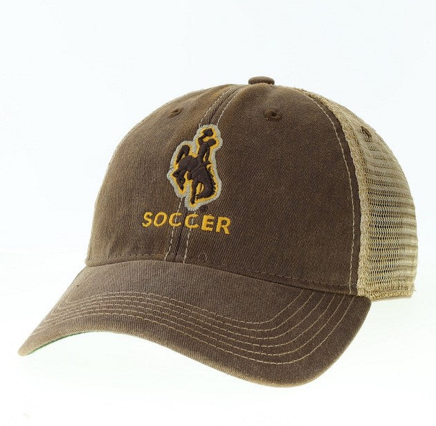 adjustable hat with brown body and tan mesh back. Brown bucking horse on front center with word soccer below in gold font