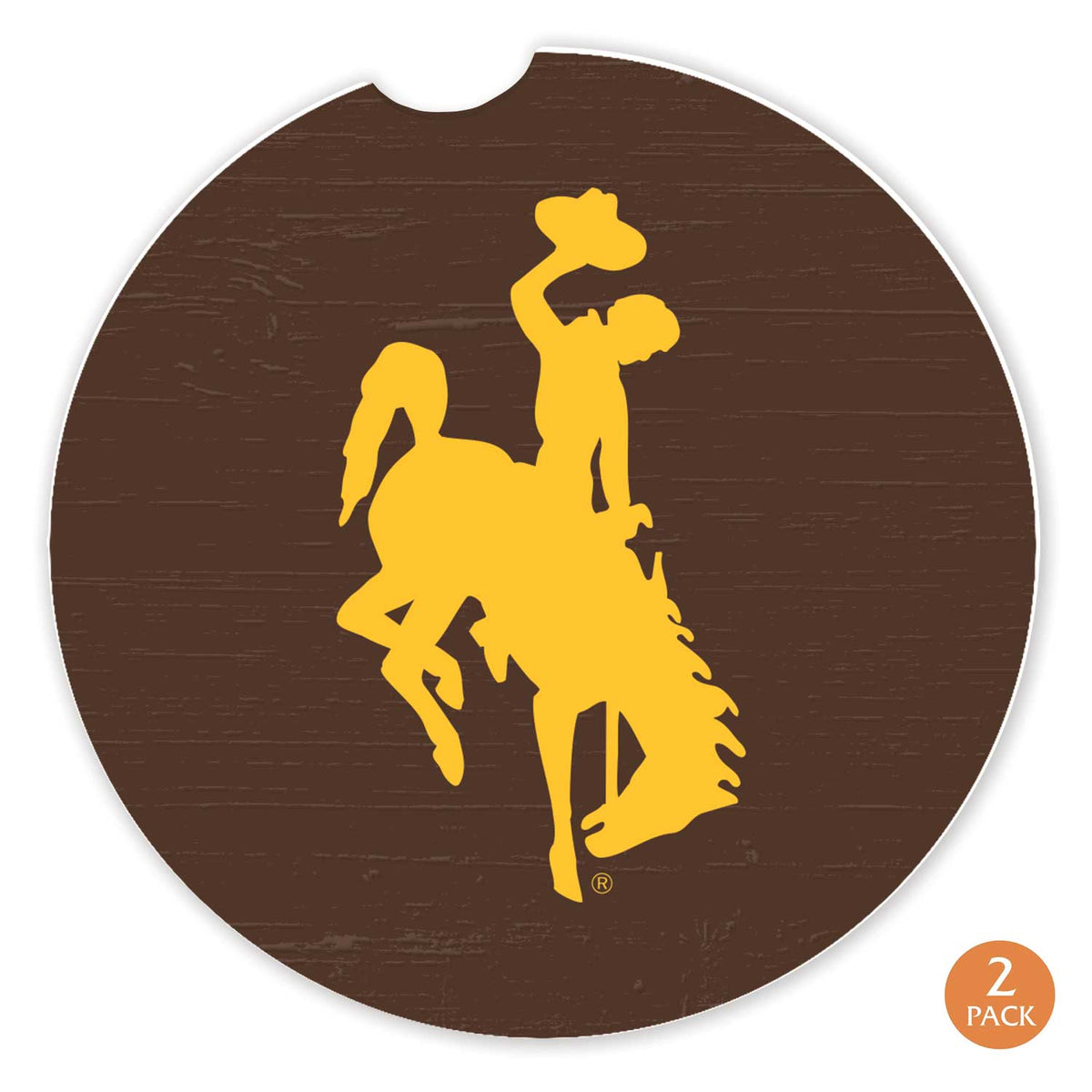 brown ceramic car coaster in a set of 2. has gold bucking horse in middle