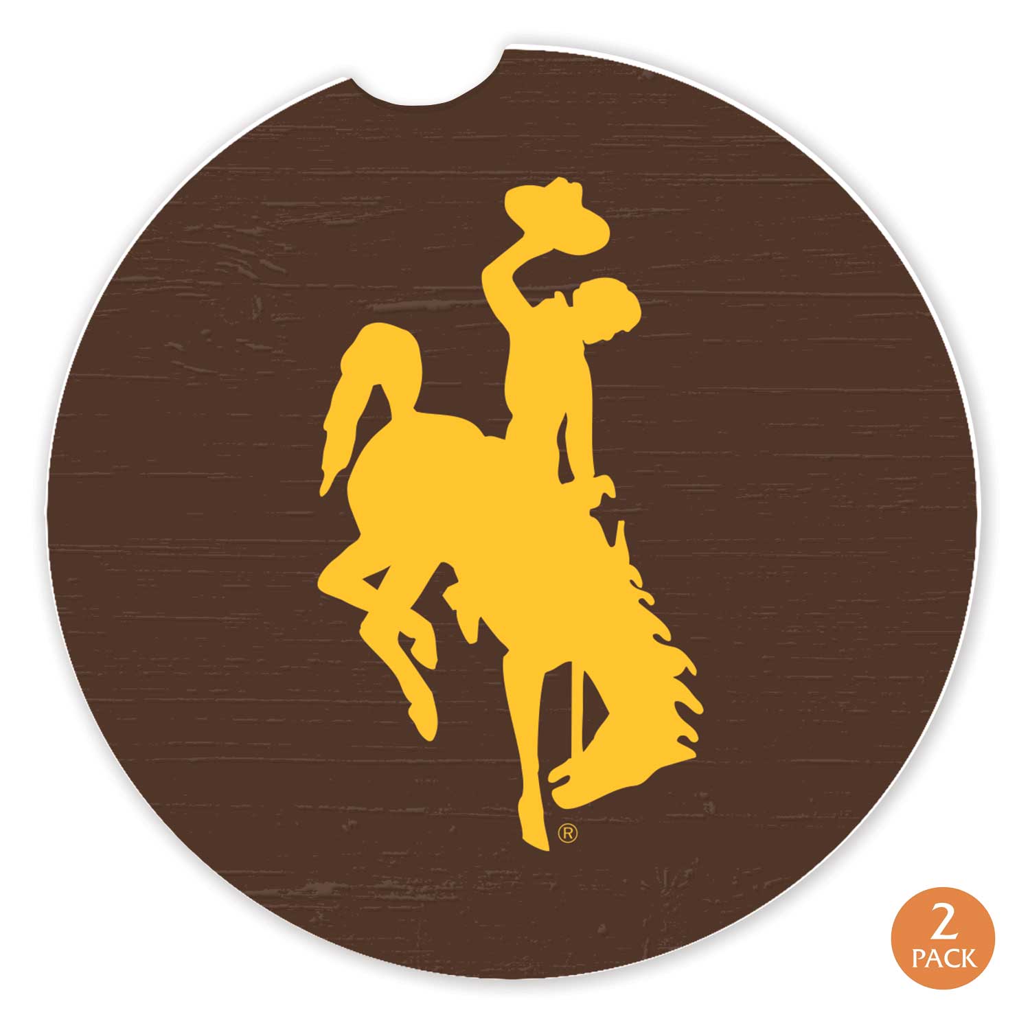 brown ceramic car coaster in a set of 2. has gold bucking horse in middle