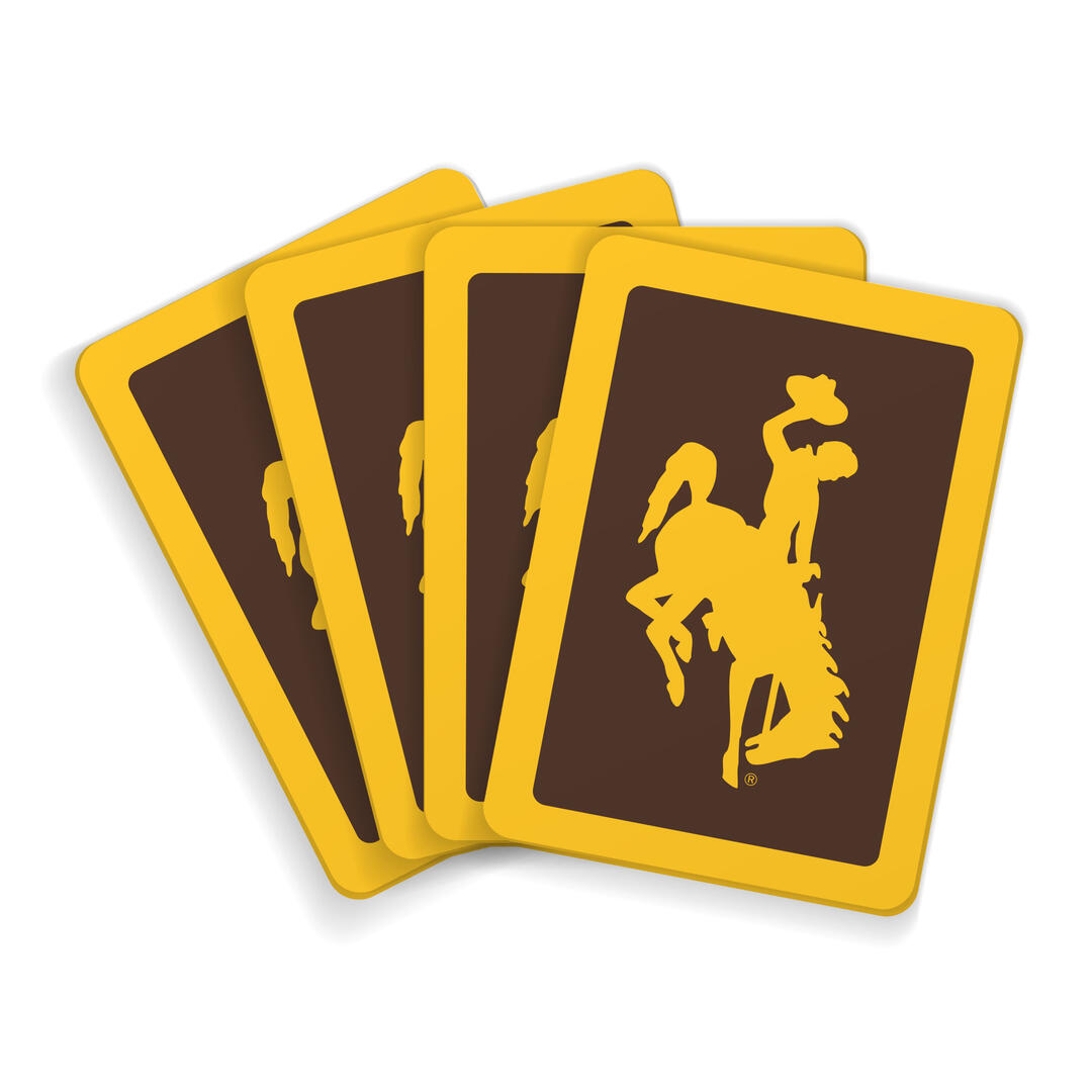 standard deck of playiing cards. has face on one side and gold outline with brown background and gold bucking horse on the back