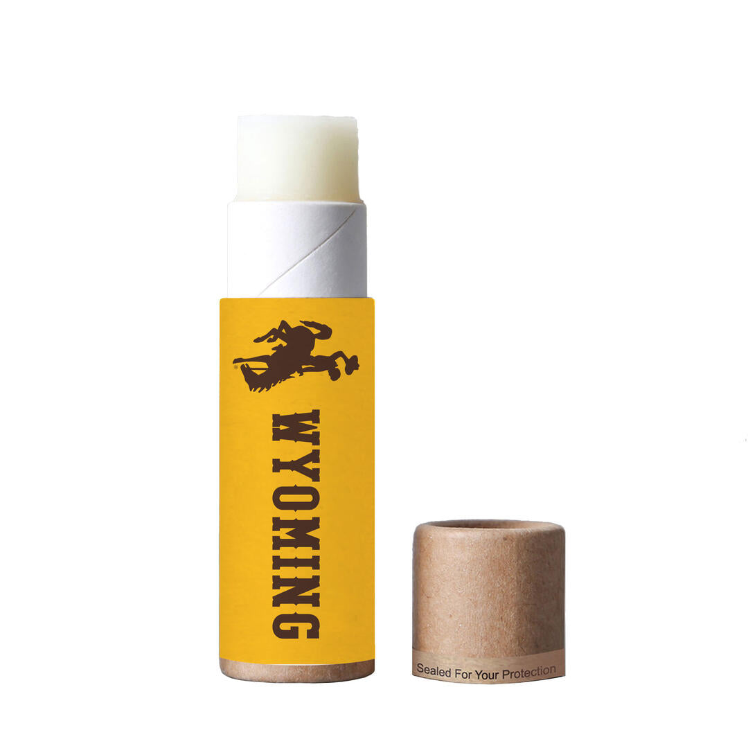 vanilla chapstick with cardboard packaging. has gold wrapping around package that has brown bucking horse and wyoming lettering