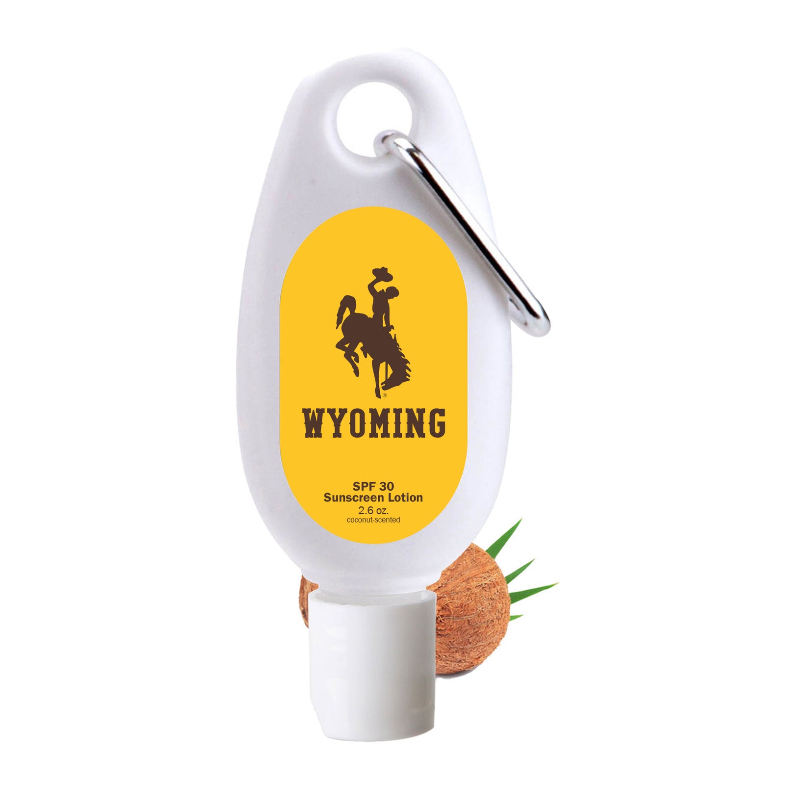 white bottle of sunscreen lotion with silver key chain hook. has coconut in the background to show scent. on the front sticker is gold with bucking horse wyoming in brown