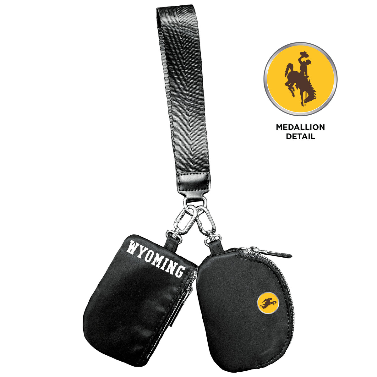 black key chain hooked onto two small zip up pouches. has white wyoming lettering on left pouch and gold medallion with brown bucking horse on right pouch