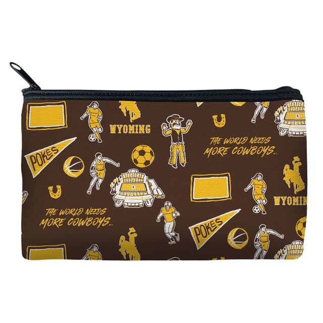 brown pencil case with black zipper. has a ton of white and gold logos that represent the university of wyoming scattered all over the case