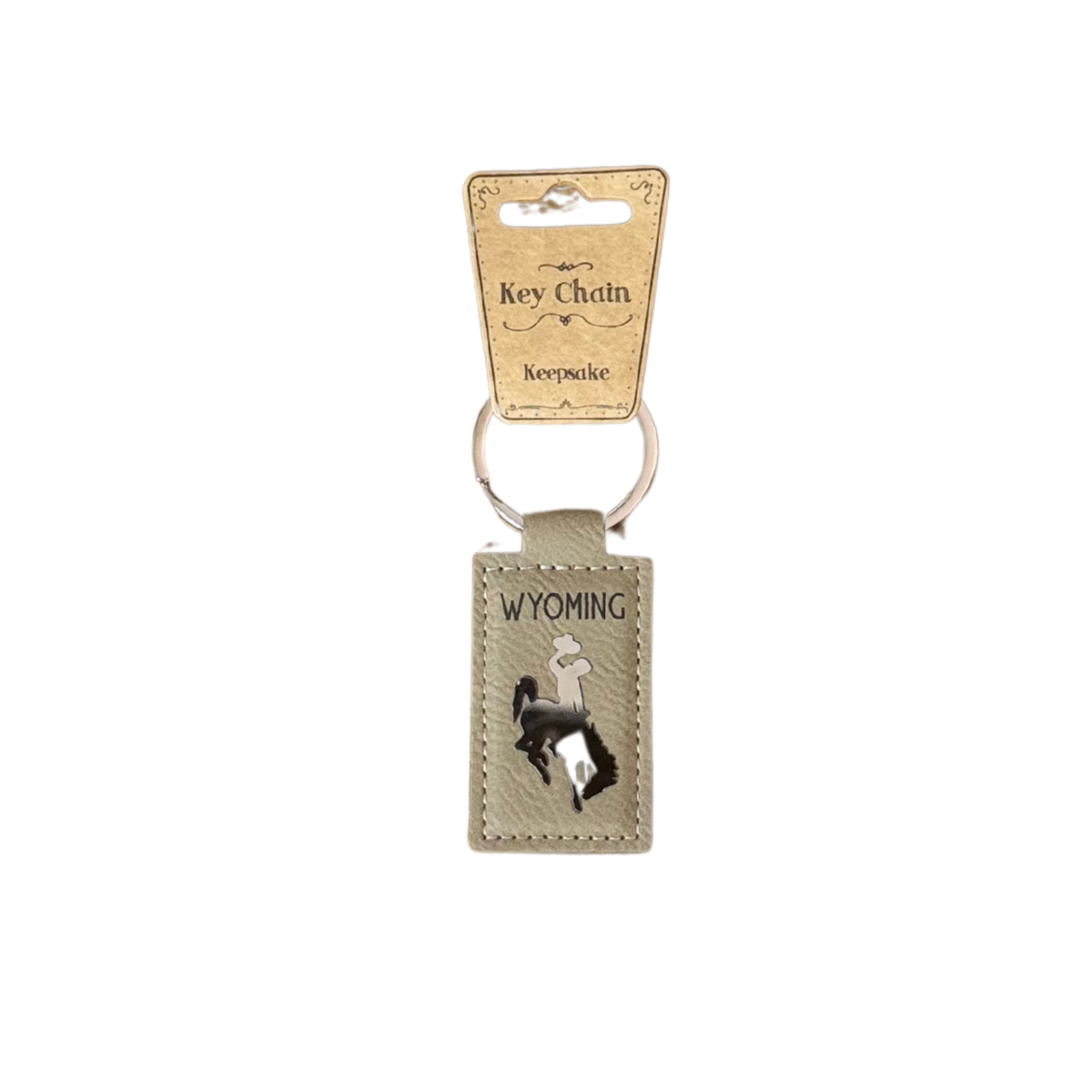 tan leather keychain with wyoming and bucking horse on leather. wyoming screen-printed and bucking horse is a metal patcj