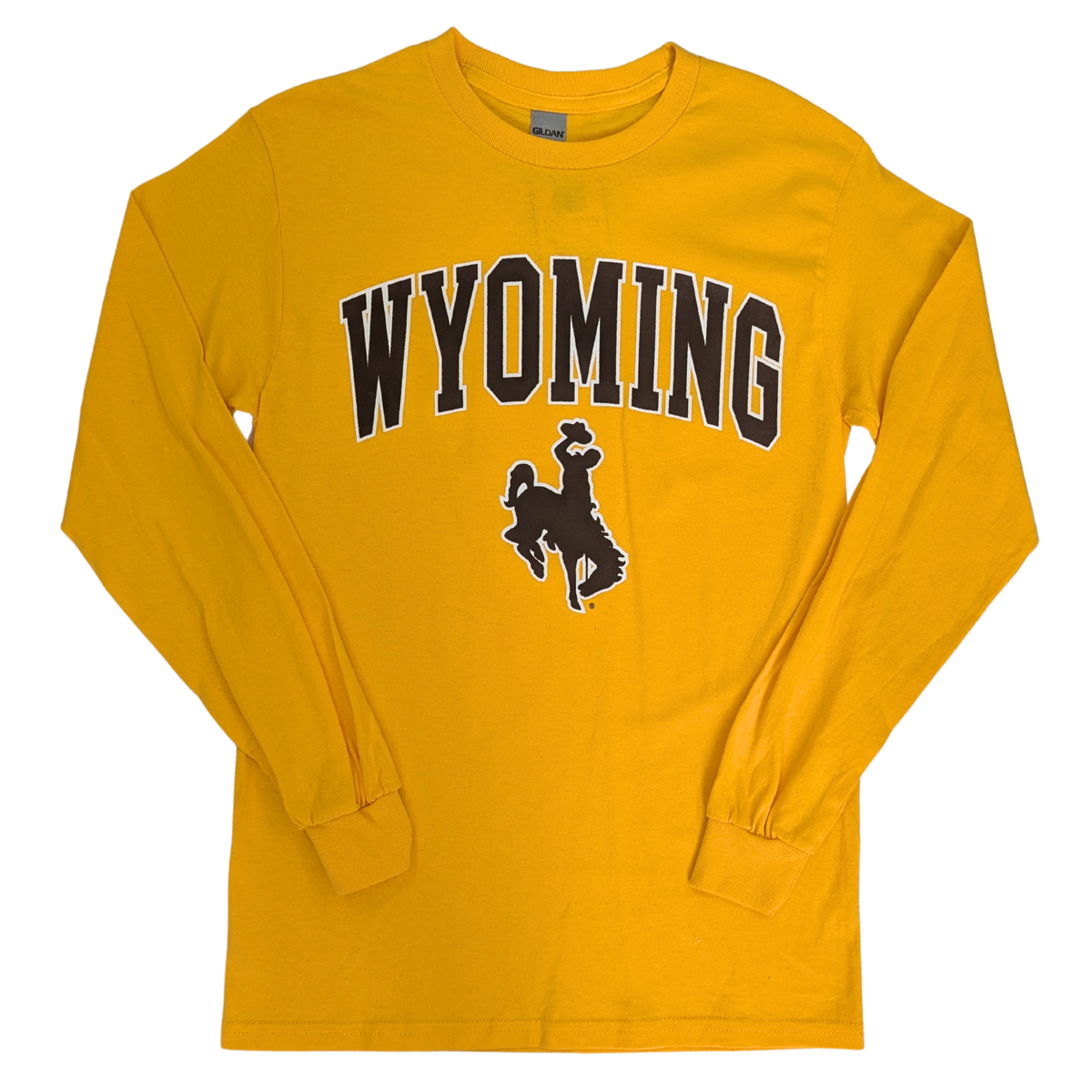 gold traditional long sleeve tee. Arced wyoming across chest, bucking horse under. Design is brown with white outline