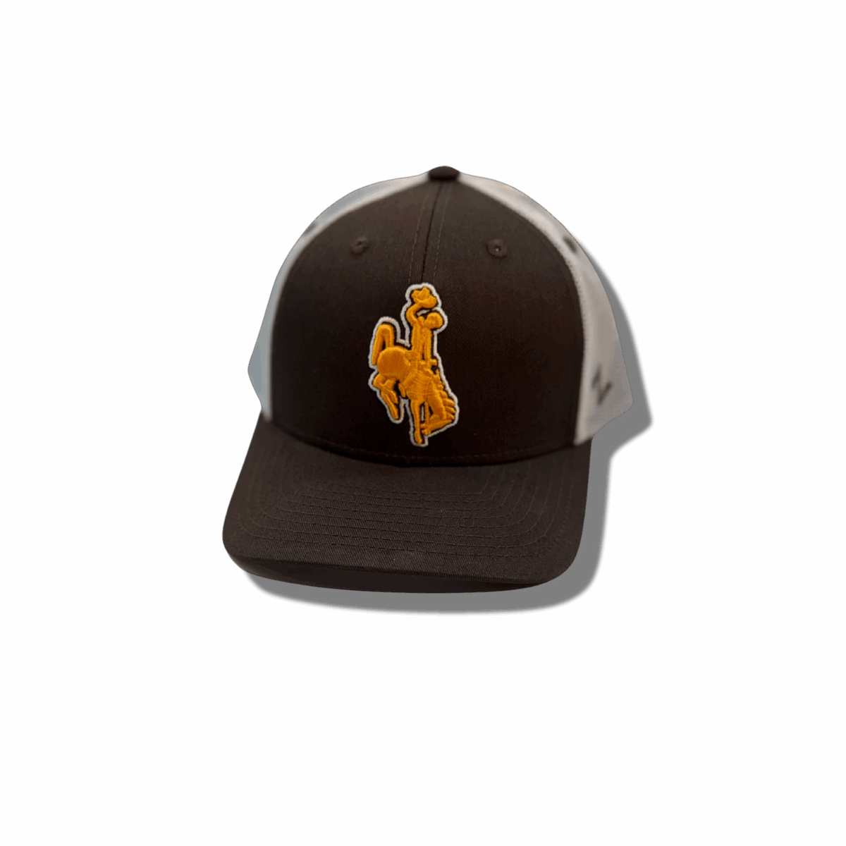 brown adjustable hat, white mesh back, design is gold embroidered bucking horse outlined in white, brown eyelets at top of hat