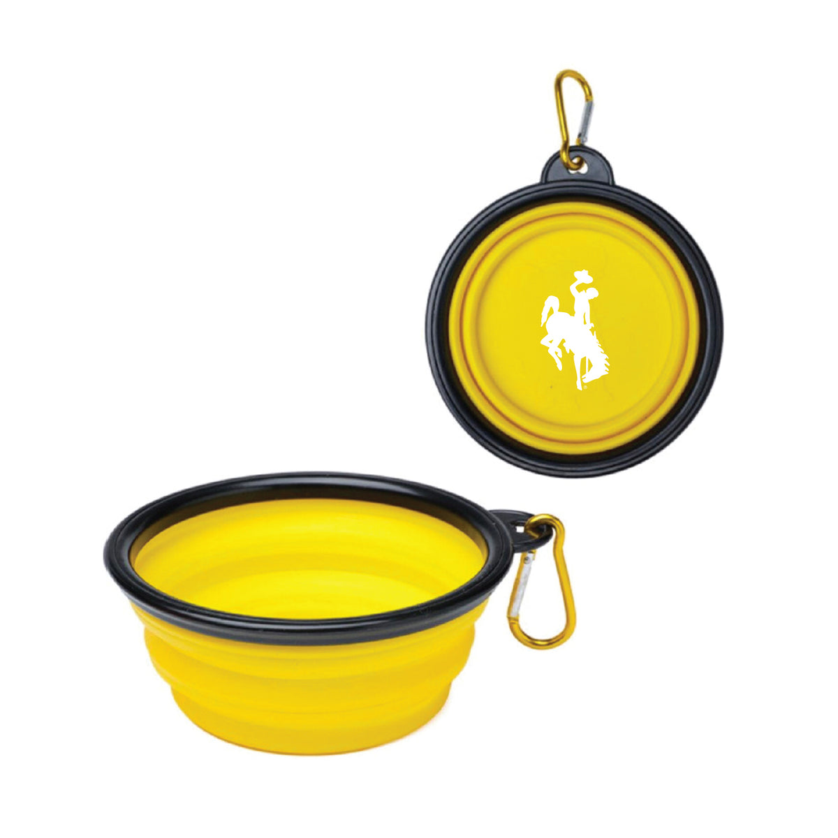Yellow and black collapsible pet bowl with carabiner on a white background