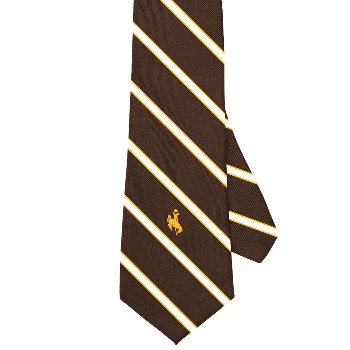 Brown tie with yellow stripes and a bucking horse logo pictured on a white background