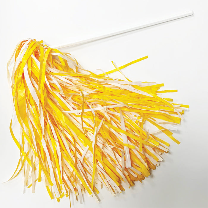gold and white hand pom pom, plastic strands