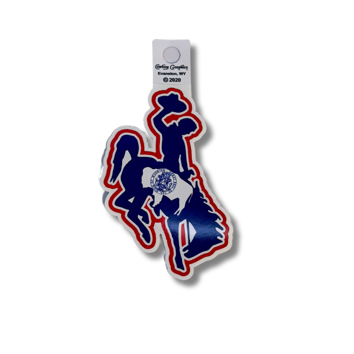 Red, white, and blue decal. bucking horse with state flag on the inside