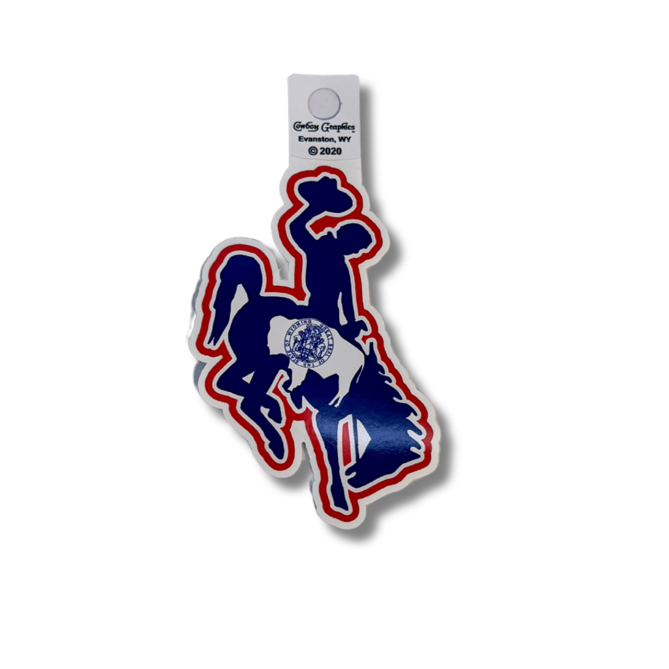 Red, white, and blue decal. bucking horse with state flag on the inside