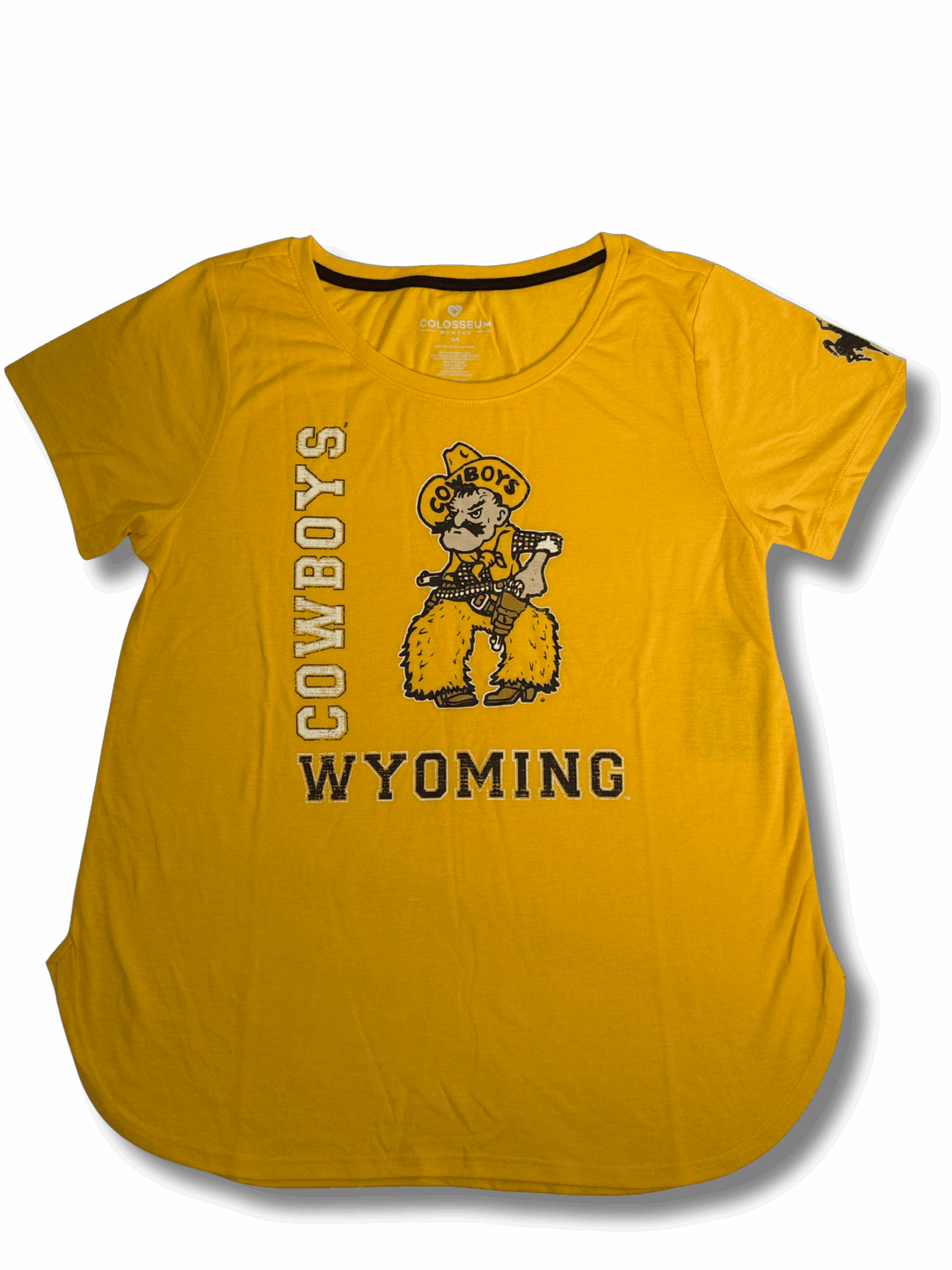 gold women's tee with design center chest. design is pistol pete with cowboys lettering on right and wyoming lettering below. has brown bucking horse on left sleeve