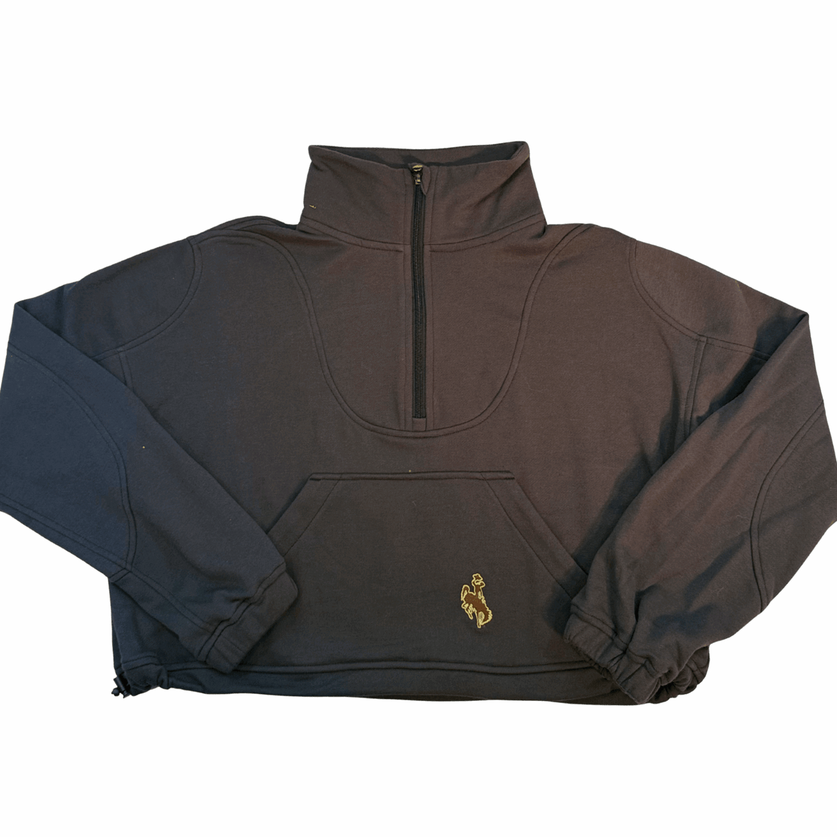 charcoal women's cropped cinch waist jacket. had a half zip zipper down the middle and a brown bucking horse with gold outline left center on the pocket