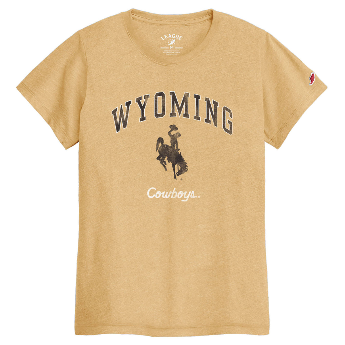 gold tee with design center chest. design is brown arched wyoming with white outline. has brown bucking horse below and white cowboys script below that