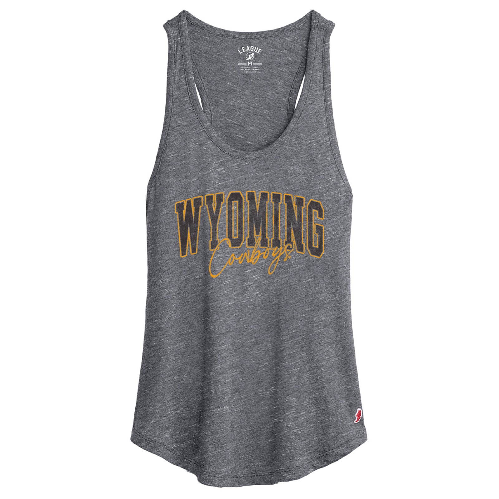 grey women's tank top with design center chest. has wyoming lettering in brown with gold outline and cowboys script below in gold