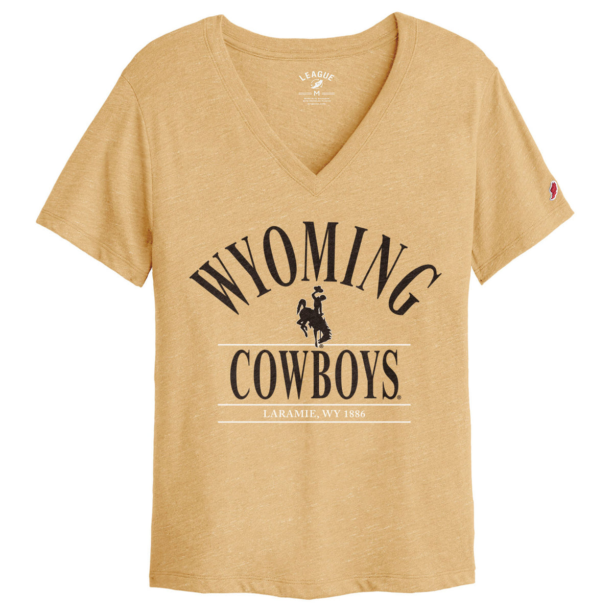 gold vneck tee with design center chest. design is brown arched wyoming lettering with bucking horse and cowboys below. has laramie wy, 1886 in small white print below all