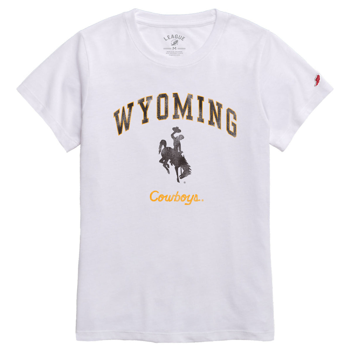 white tee shirt with design center chest. design is arched wyoming in brown with gold lettering. brown bucking horse below with gold cowboys script below that