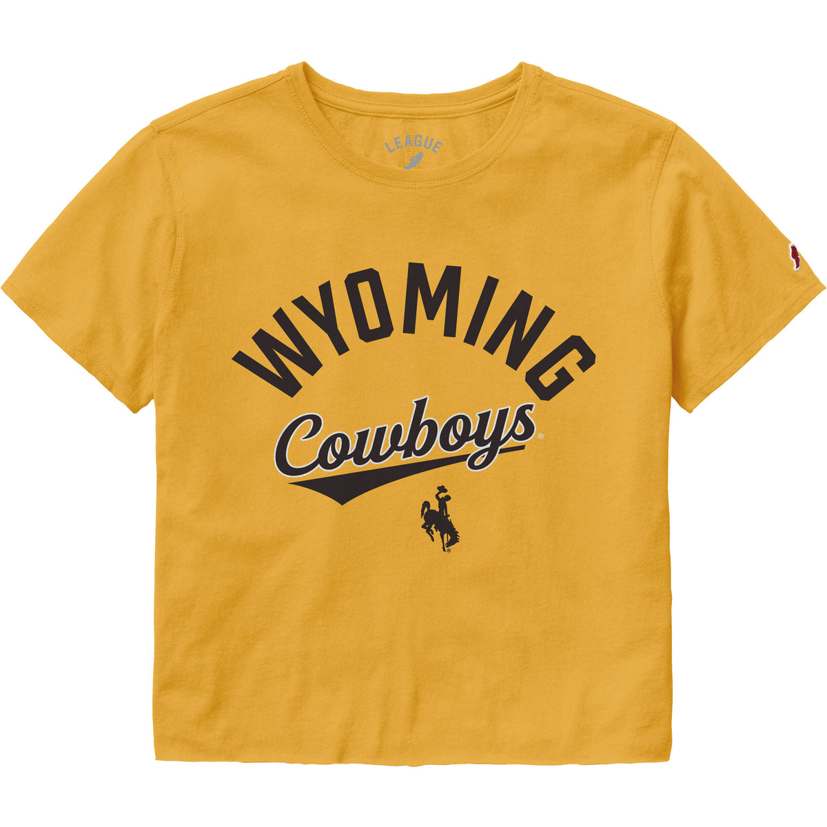 gold cropped tee with design center chest. design is brown arched wyoming lettering with cowboys script below in brown with white outline and has bucking horse below