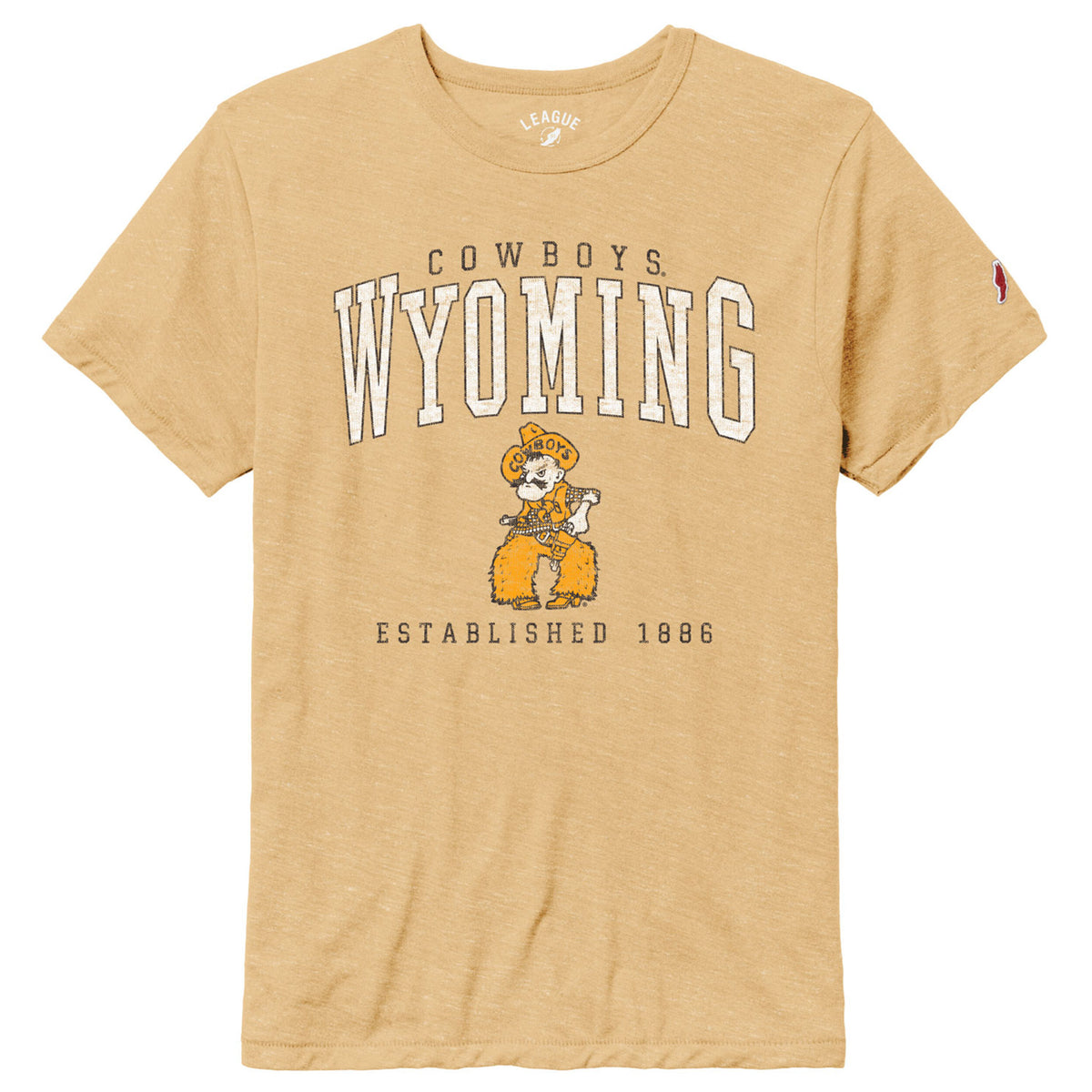 gold tee shirt with design center chest. design is small cowboys in brown with big wyoming in white and gold pistol pete below with established 1886 in brown below that