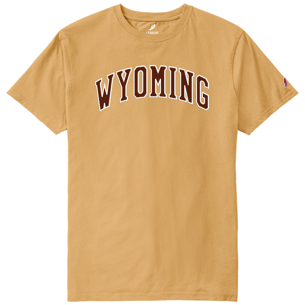golden tee shirt with brown arched wyoming with white outline centered on chest