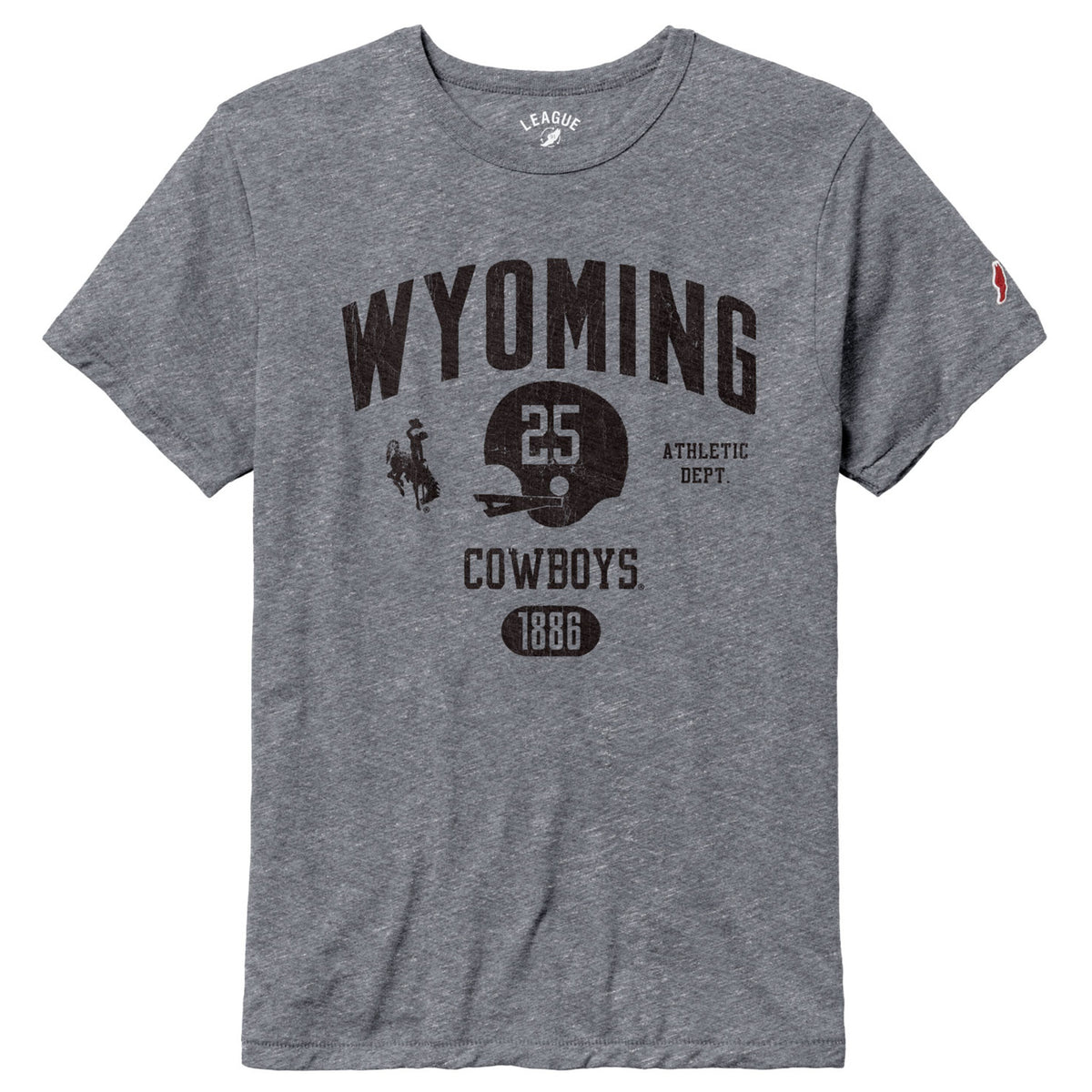 grey tee shirt with design center chest. black wyoming lettering with a bucking horse, football helmet with 25 and athletic dept. going horizontal. cowboys lettering on top of 1886