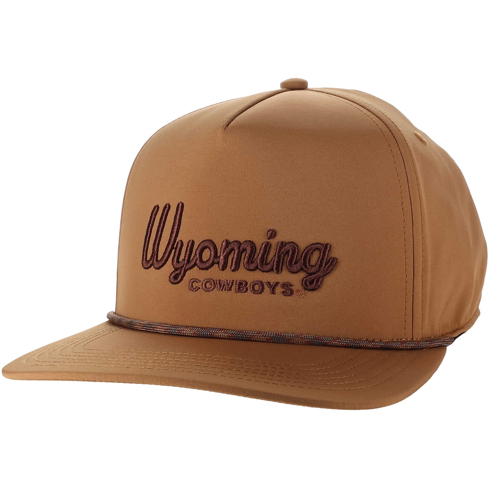 Brown adjustable hat with dark brown embroidered wyoming cowboys on front with brown rope