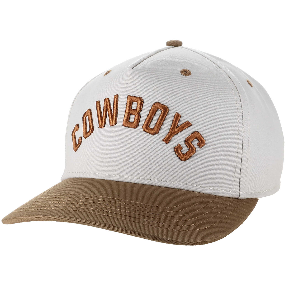 White and brown cap with 'COWBOYS' text on a white background