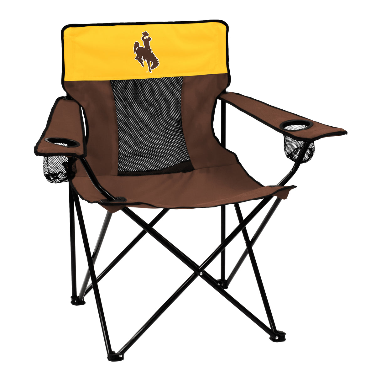 brown, gold, and black camping chair. stands, pockets, and border is black, rest of the fabric is brown except for the top on the back is gold with a brown bucking horse centered