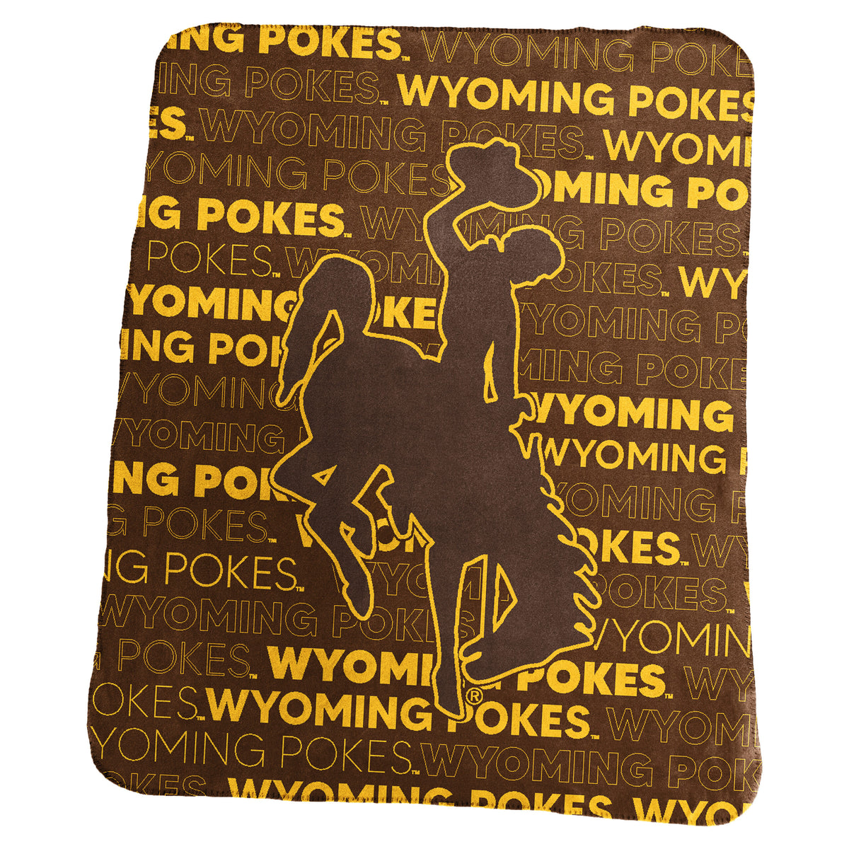 brown classic fleece blanket with big brown bucking horse in the center and wyoming pokes lettering all over in brown and gold. design all throughout blanket.