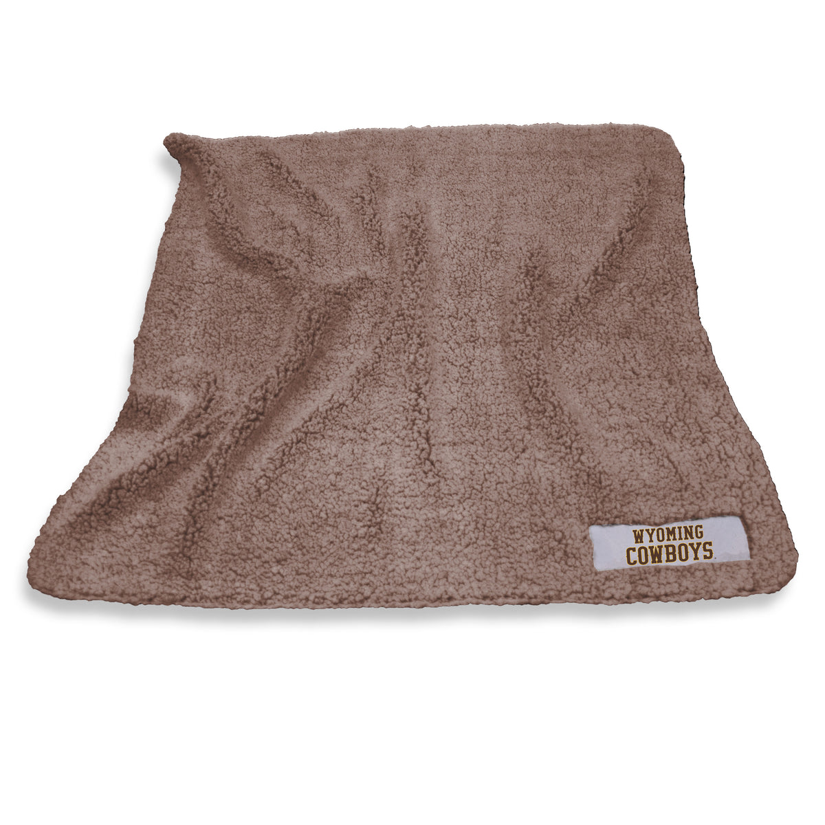 brown fleece blanket with wyoming cowboys logo patch in the bottom right corner