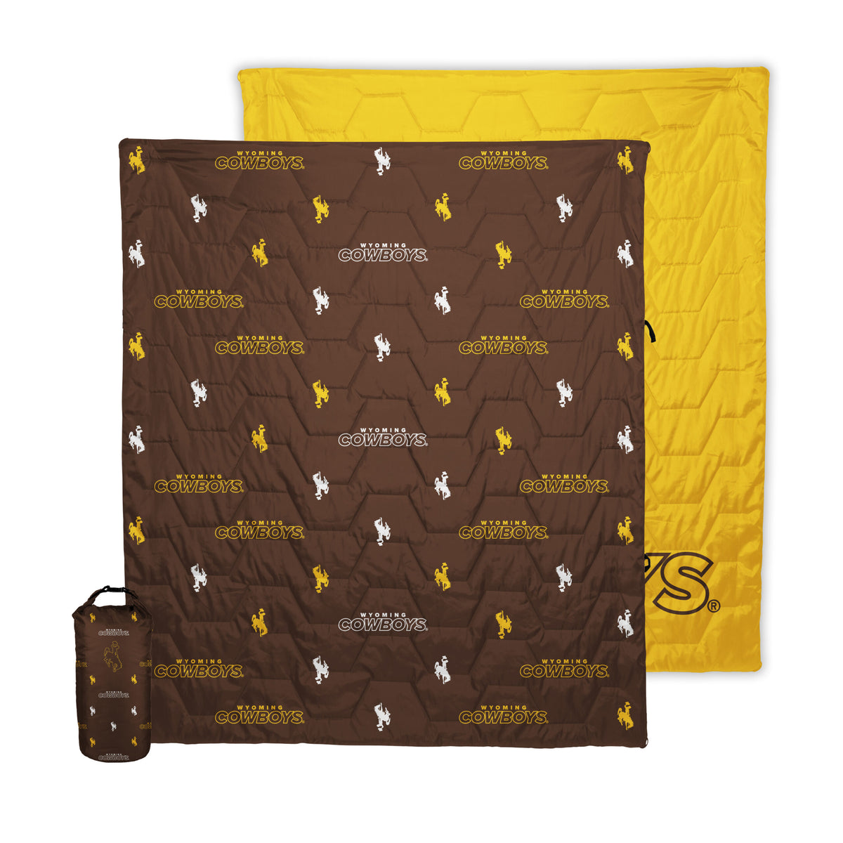 blanket that comes in carrying case. one side is brown with white bucking horses and wyoming lettering all over and the other side is gold with logo in bottom right corner
