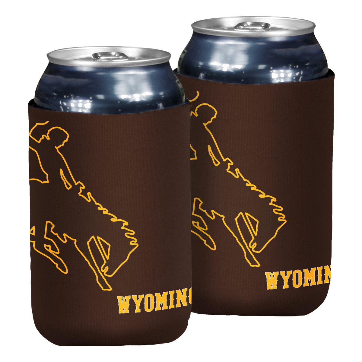 brown can cooler with gold oversized bucking horse on left and gold wyoming lettering at bottom