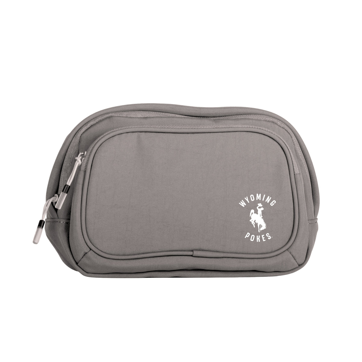grey belt bag with one big zipper pocket and a smaller one on front. has white design in bottom left corner. design is arched wyoming above a bucking horse with pokes below