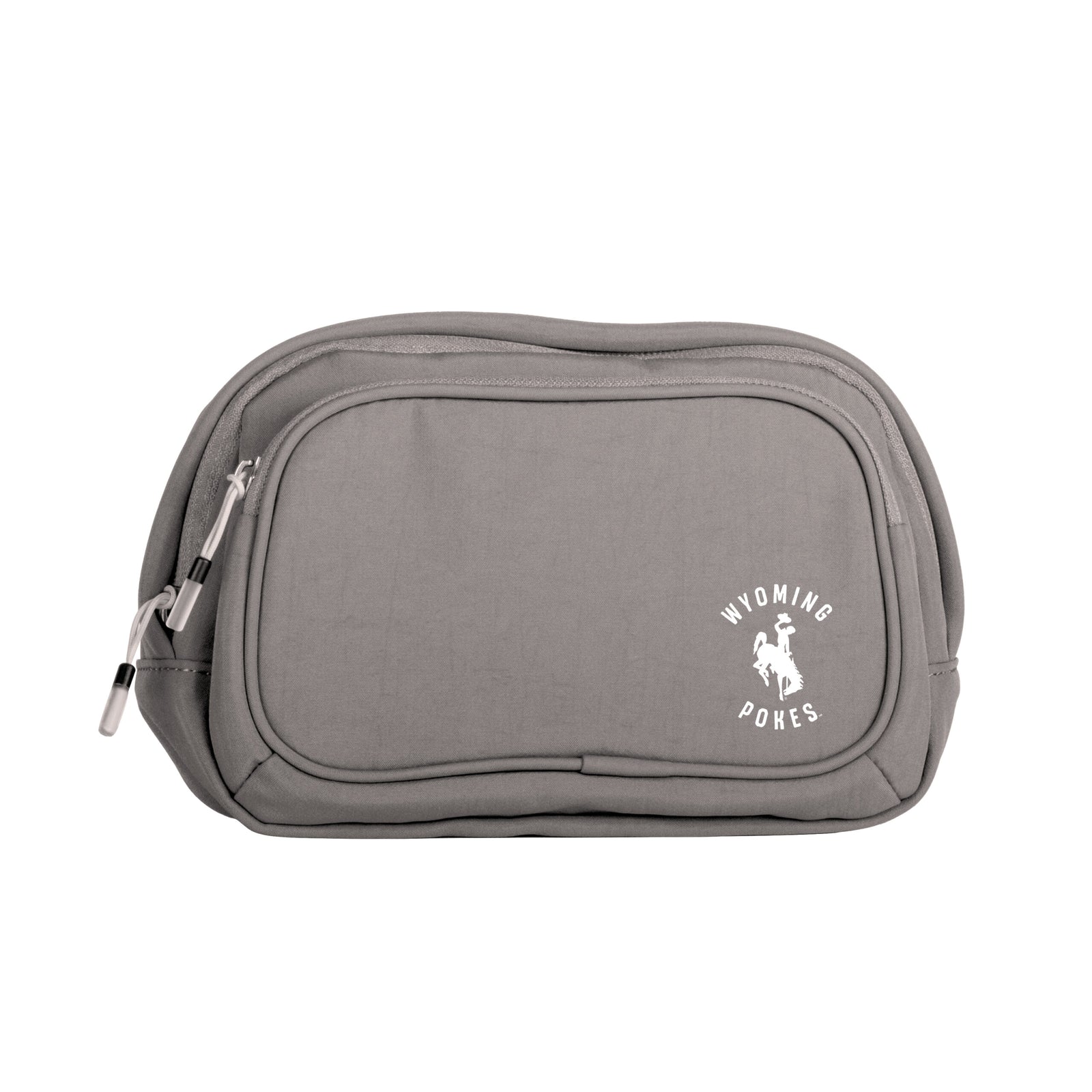 grey belt bag with one big zipper pocket and a smaller one on front. has white design in bottom left corner. design is arched wyoming above a bucking horse with pokes below