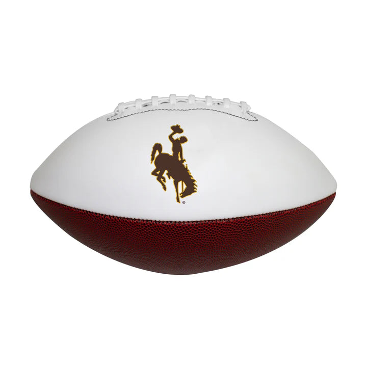 White and brown mini football. white grip with a brown bucking horse centered on the white with gold outline