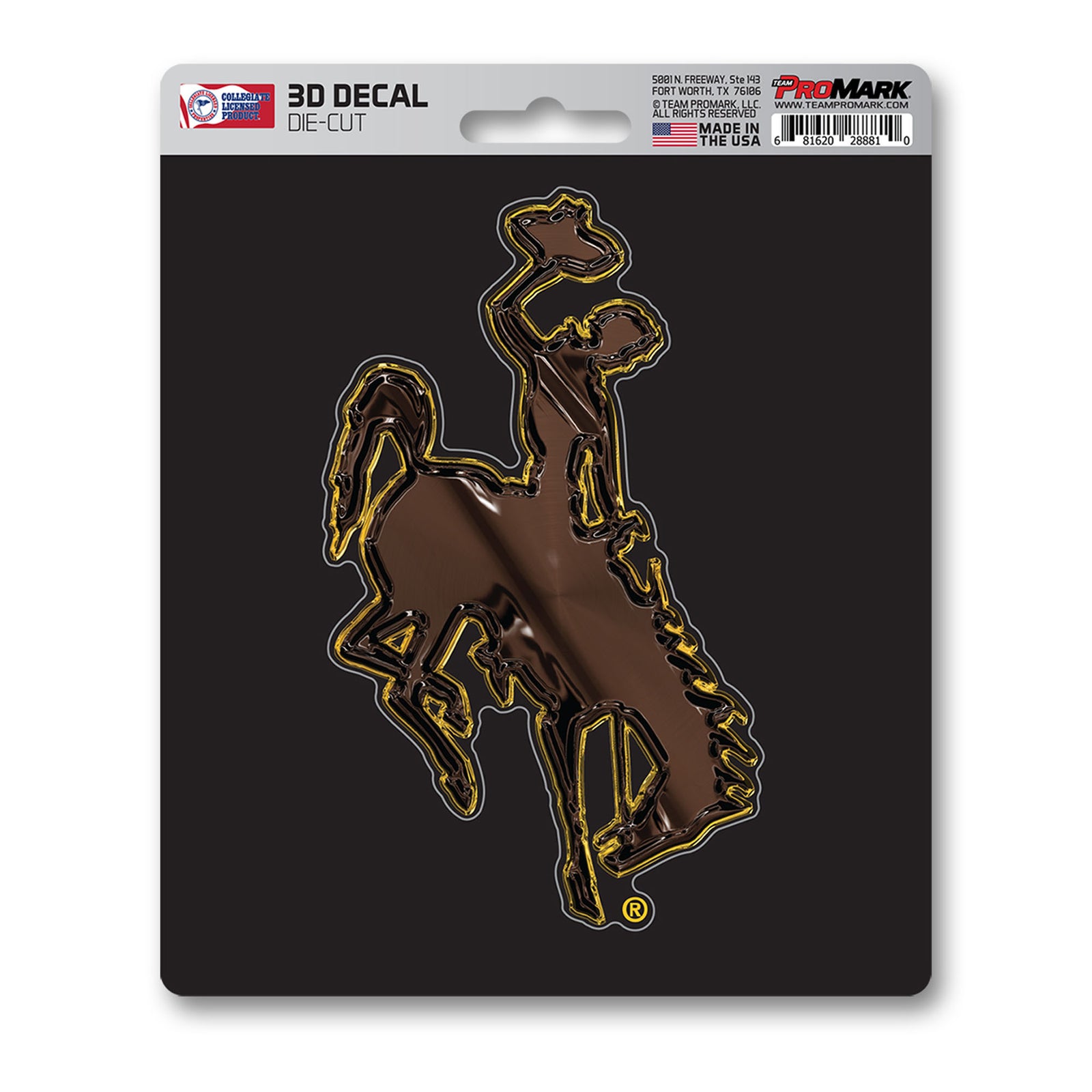 wyoming cowboys brown 3d die cut decal with gold outline. comes on a black 5x6 sheet
