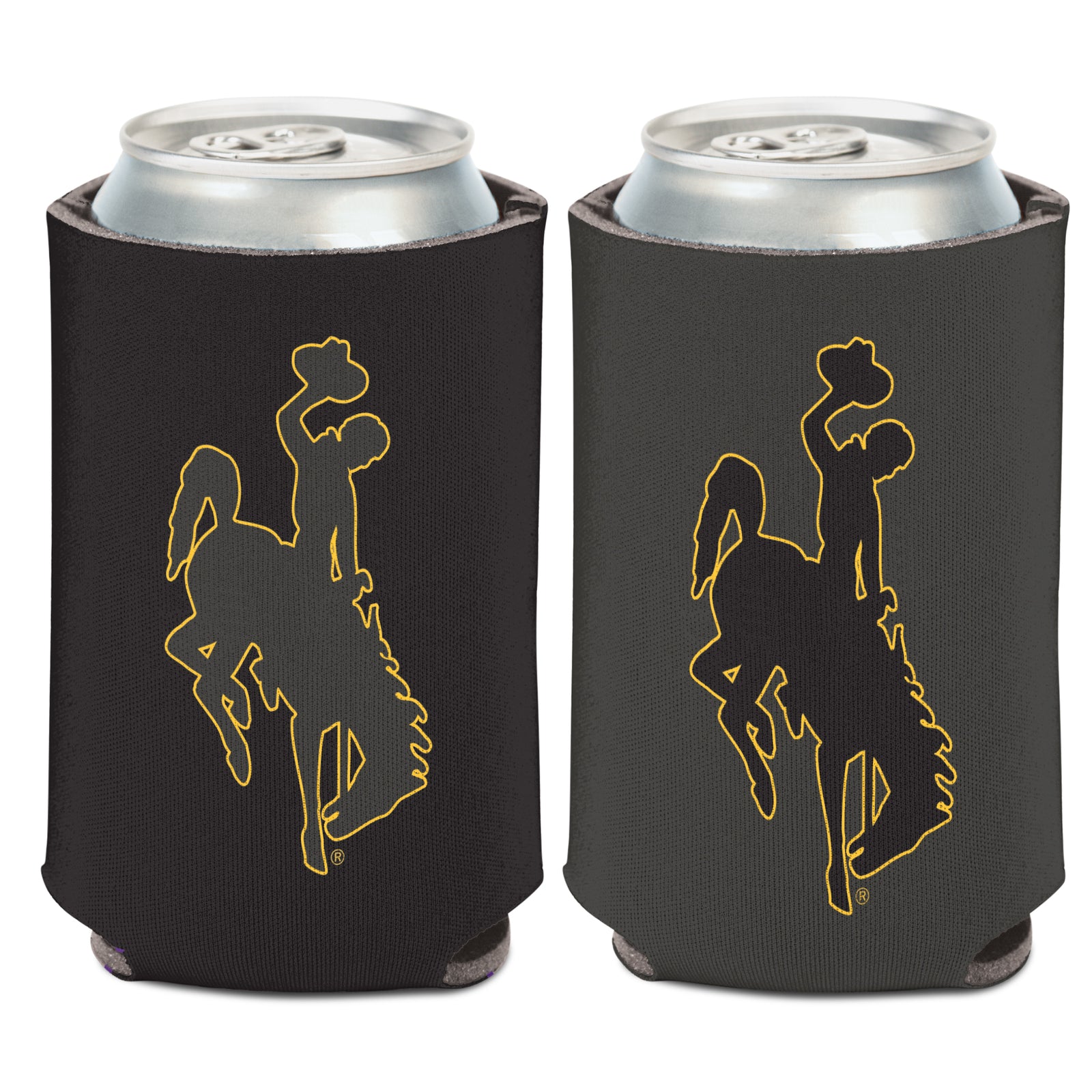 black/charcoal can cooler with bucking horse on side with gold outline. has can inside to show the product