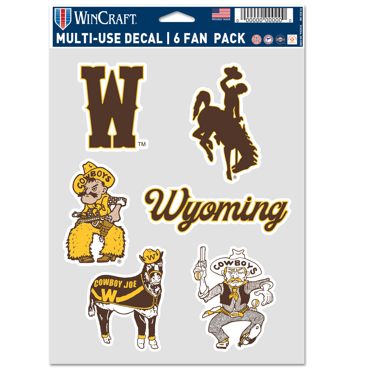 6 decal fan pack all in brown and gold. has w, bucking horse, pistol pete, script wyoming, cowboy joe, and old pistol pete