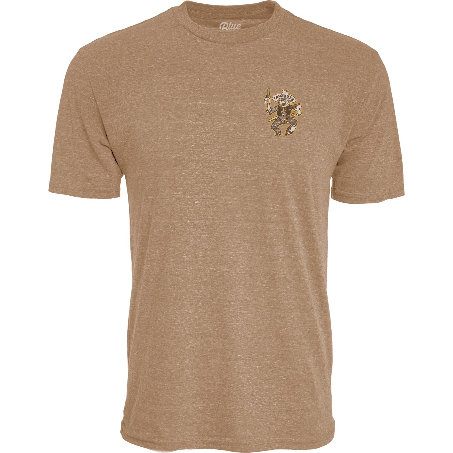 front of russet short sleeve tee shirt with brown gold and white old pistol pete on the left chest