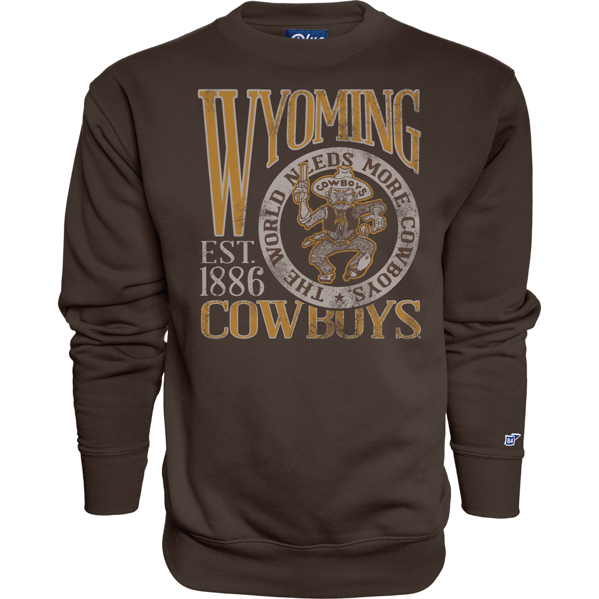 Brown crewneck with retro wyoming cowboys design on front. All pictuted on a white background.