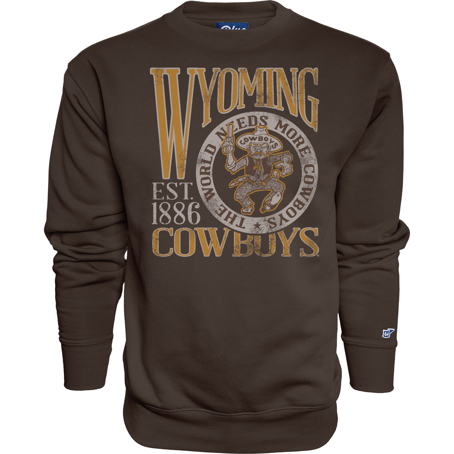 Brown crewneck with retro wyoming cowboys design on front. All pictuted on a white background.