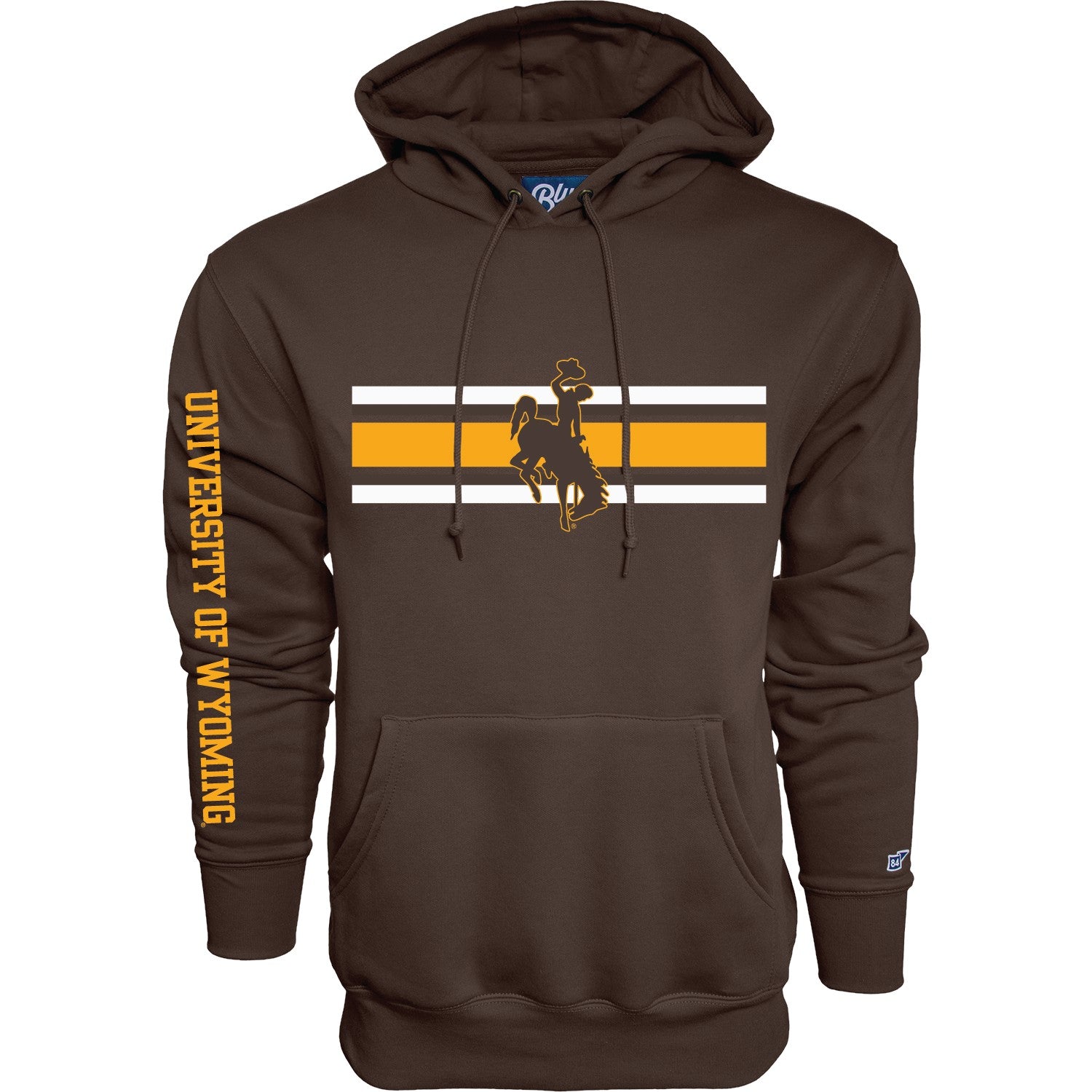 Brown hooded sweatshirt with bucking horse logo and gold and white stripes on the front. Has 'University of Wyoming' on left sleeve. All pictured on a white background.