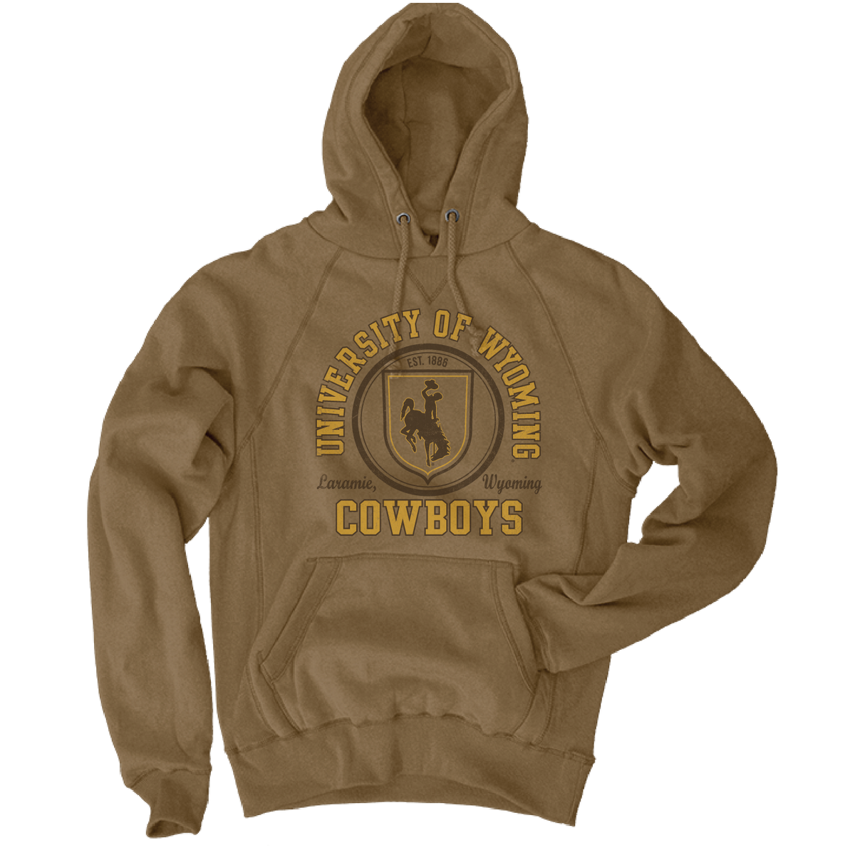russet hoodie with design center chest. design is arch university of wyoming lettering with bucking horse in circle below. has cowboys in gold at bottom with script laramie wy in brown above.