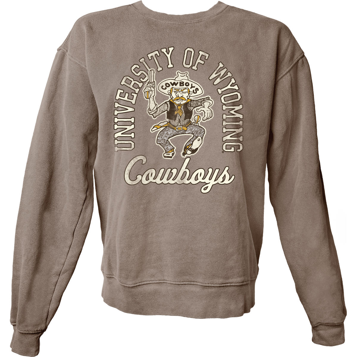 light brown crewneck. has arch university of wyoming in cream with brown outline. has old pistol pete below in brown, gold, and white. has cowboys script at bottom.