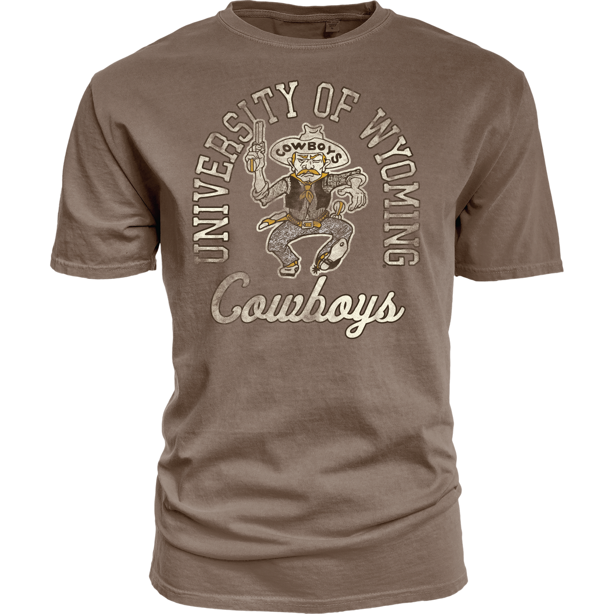 light brown tee shirt with design center chest. design is arched university of wyoming in cream with brown outline. has old pistol pete under arch with cream cowboys script at bottom