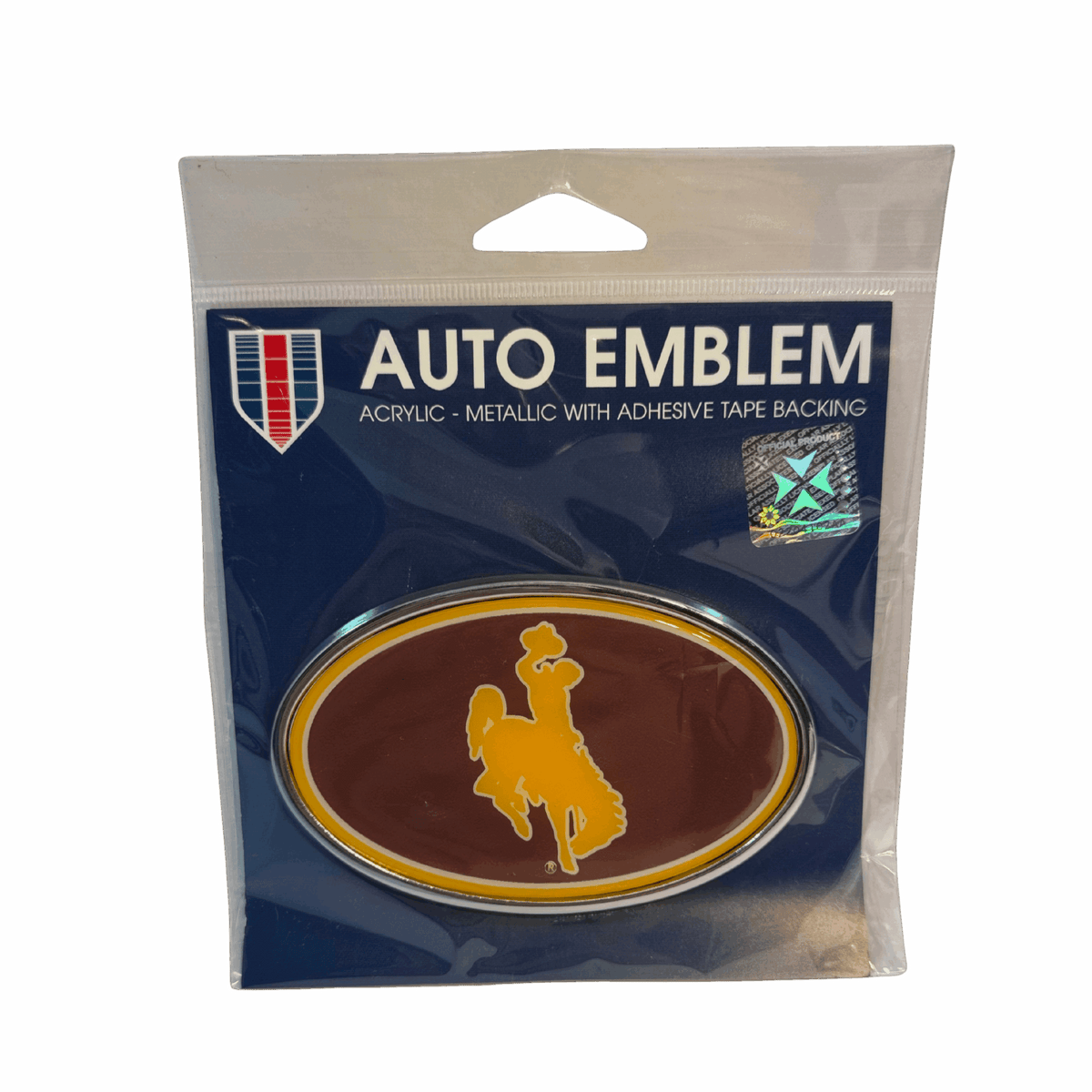 oval auto emblem with brown fill gold outline and a gold bucking horse in the middle